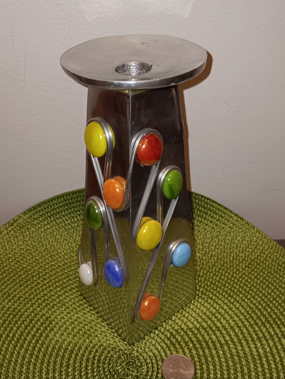 Metal Candle Holder w/Wire & Cabochon Gems, Handcrafted by Artist T.J. ReneE